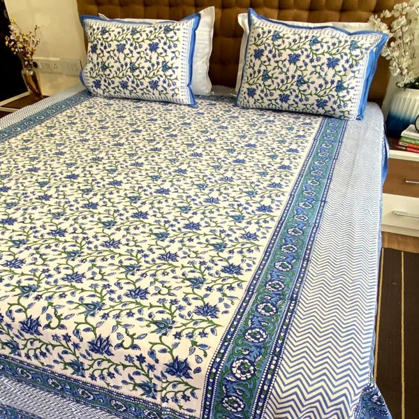 Blue Floral Jaal Hand Block Cotton Bedsheet King Size - Bedsheet