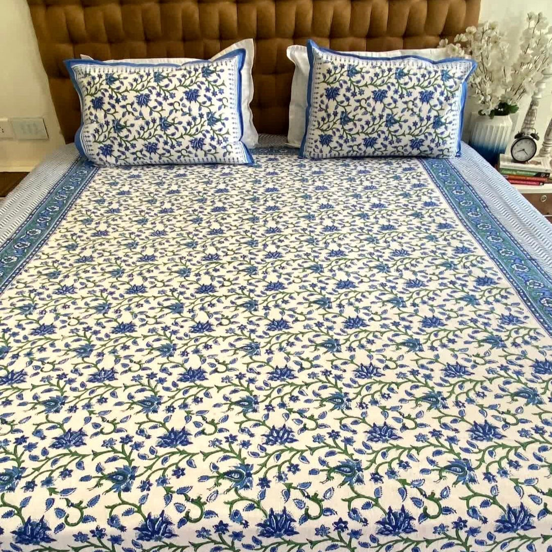 Blue Floral Jaal Hand Block Cotton Bedsheet King Size - Bedsheet