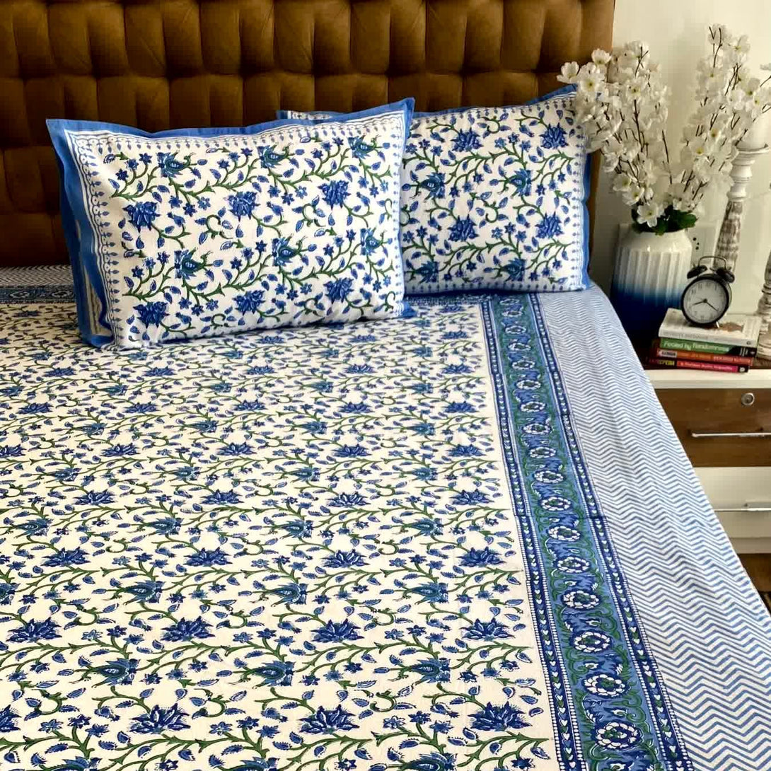 Blue Floral Jaal Hand Block Cotton Bedsheet King Size - Bedsheet