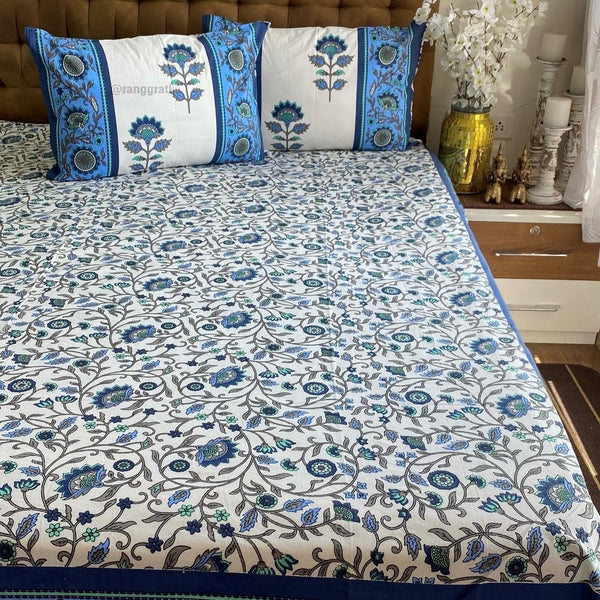 Blue Floral Jaal Jaipuri Cotton Bedsheet King Size For Double Bed - Bedsheet