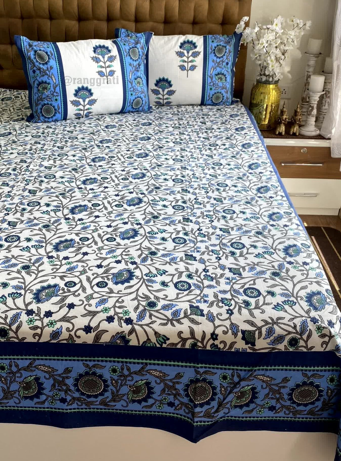 Blue Floral Jaal Jaipuri Cotton Bedsheet King Size For Double Bed - Bedsheet