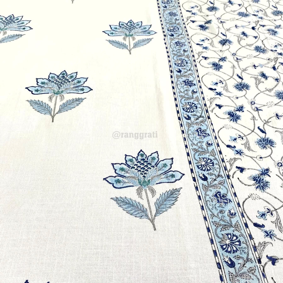 Blue Floral Jaal Slub Cotton Bedcover King Size - Bedcover