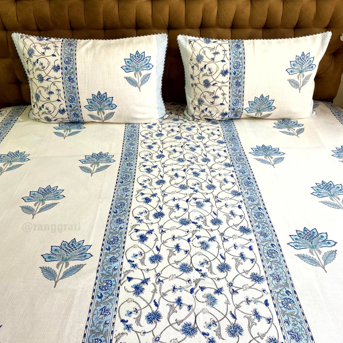 Blue Floral Jaal Slub Cotton Bedcover King Size - Bedcover