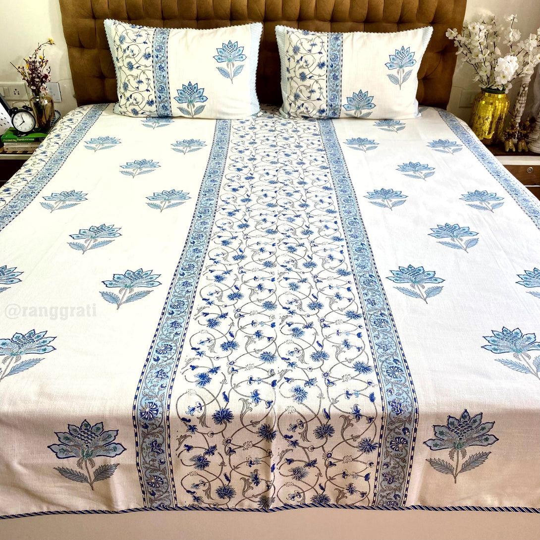 Blue Floral Jaal Slub Cotton Bedcover King Size - Bedcover