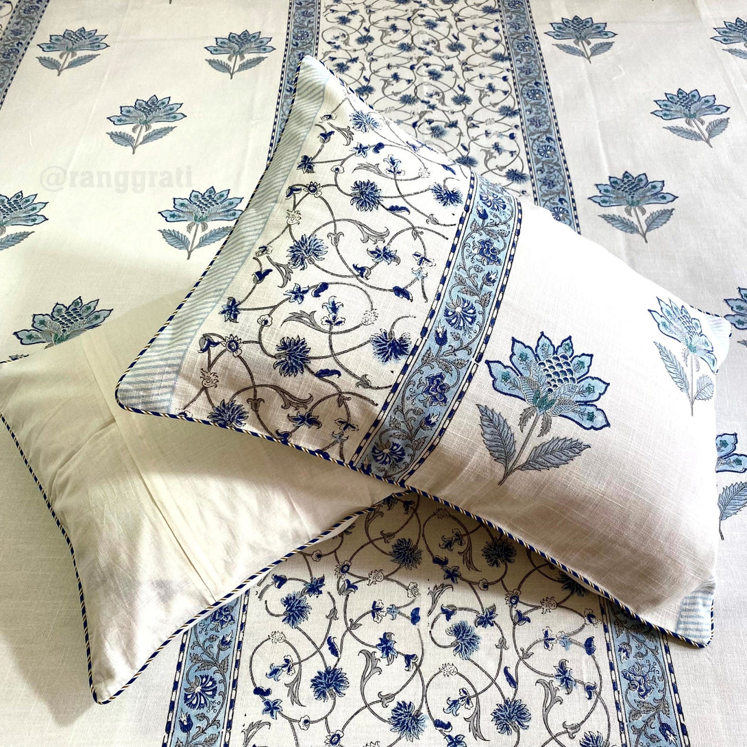Blue Floral Jaal Slub Cotton Bedcover King Size - Bedcover