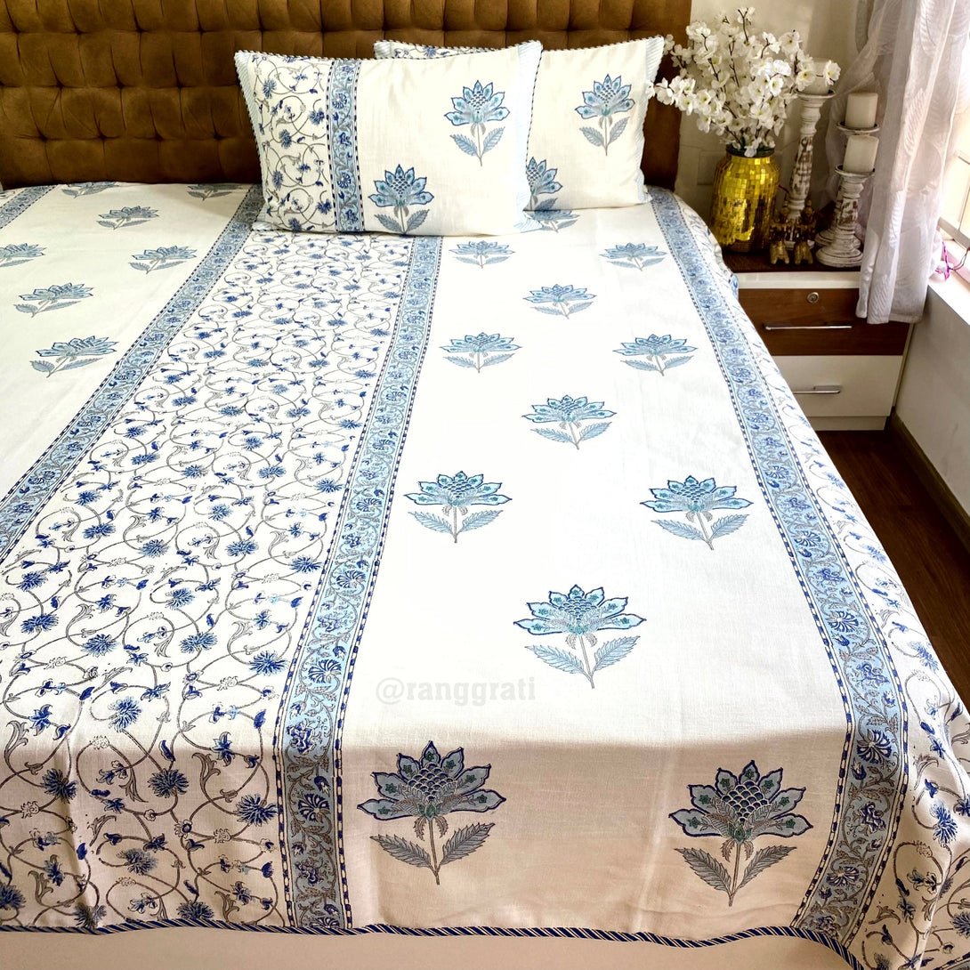 Blue Floral Jaal Slub Cotton Bedcover King Size - Bedcover