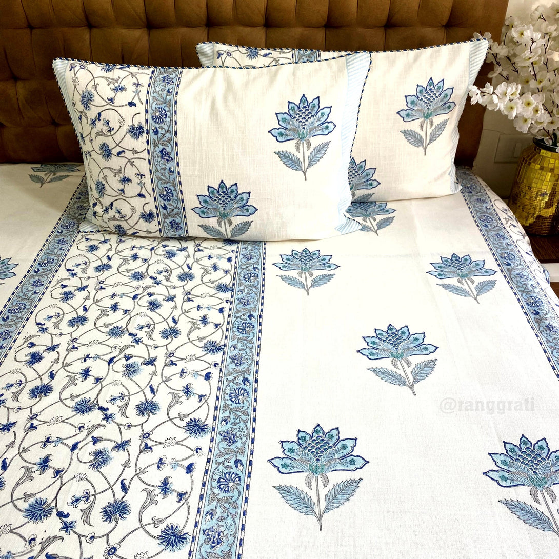 Blue Floral Jaal Slub Cotton Bedcover King Size - Bedcover
