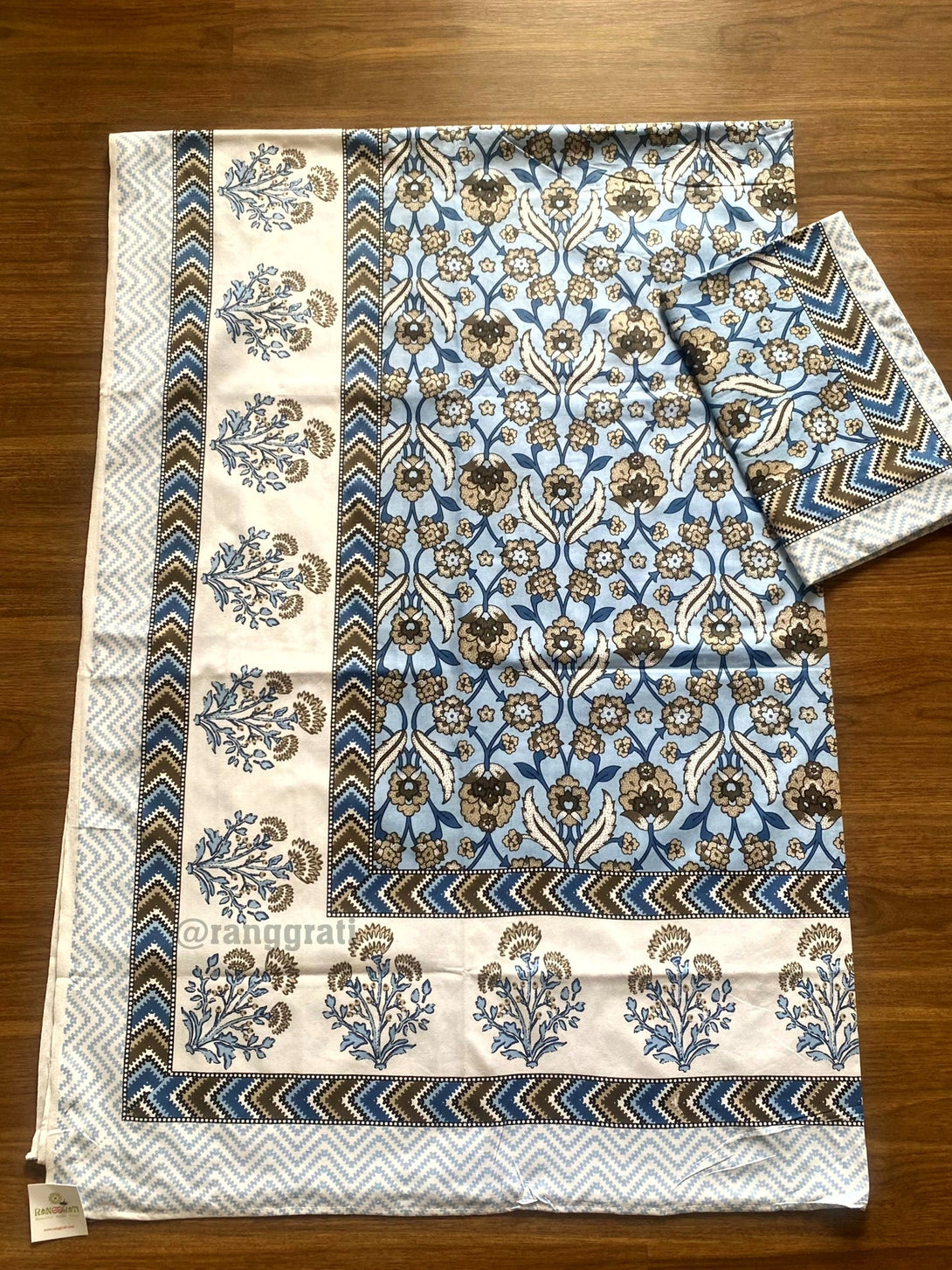 Blue Floral Jaipuri Cotton Bedsheet For Single Bed With Pillow - Bedsheet