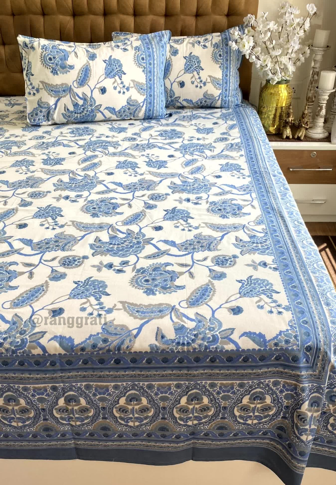 Blue Floral Jaipuri Cotton Bedsheet King Size For Double Bed - Bedsheet