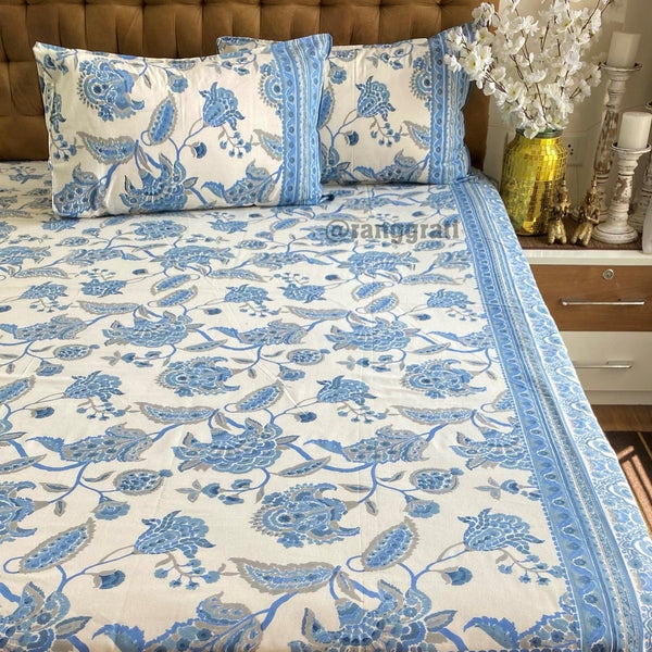 Blue Floral Jaipuri Cotton Bedsheet King Size For Double Bed - Bedsheet