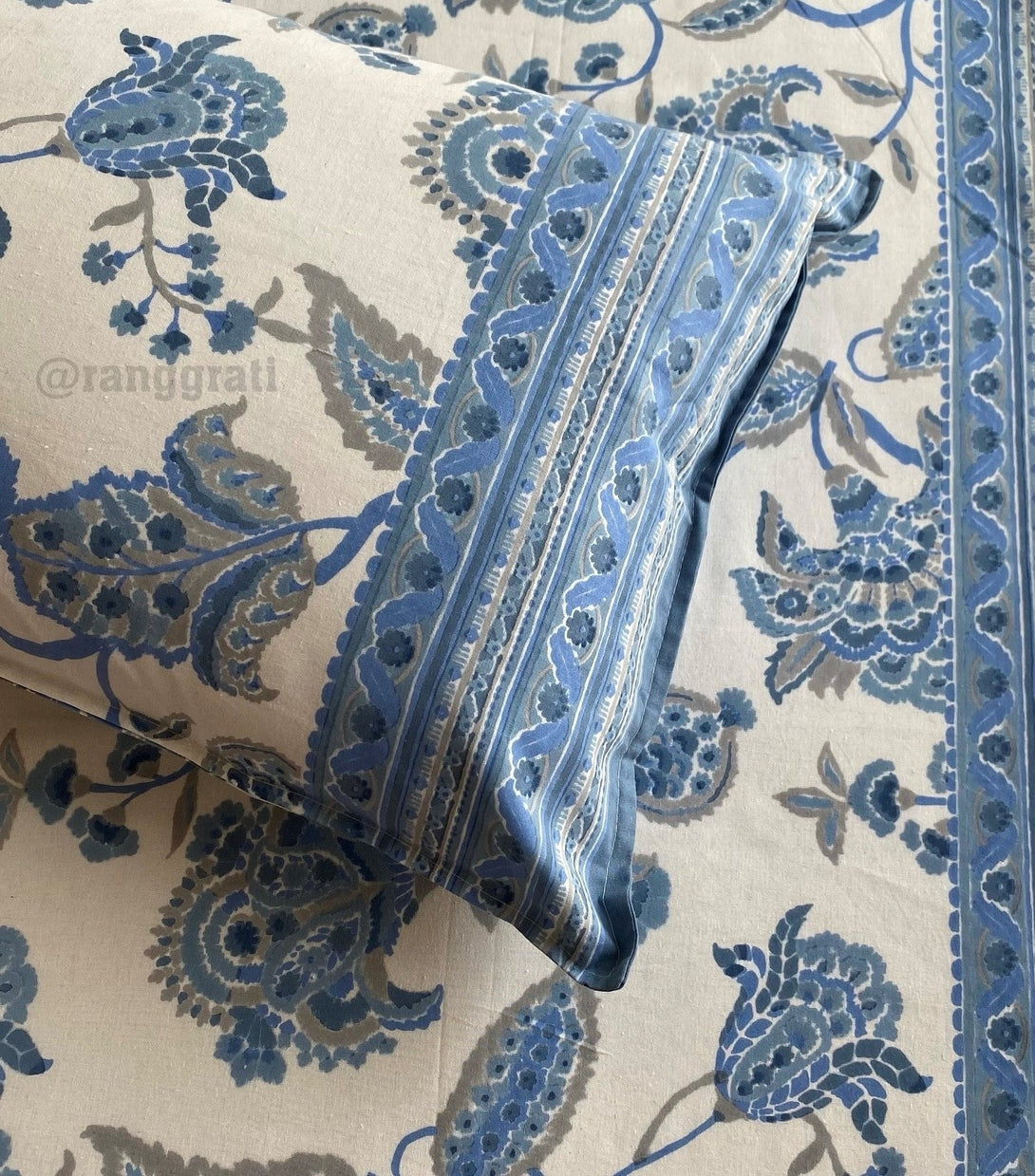 Blue Floral Jaipuri Cotton Bedsheet King Size For Double Bed - Bedsheet