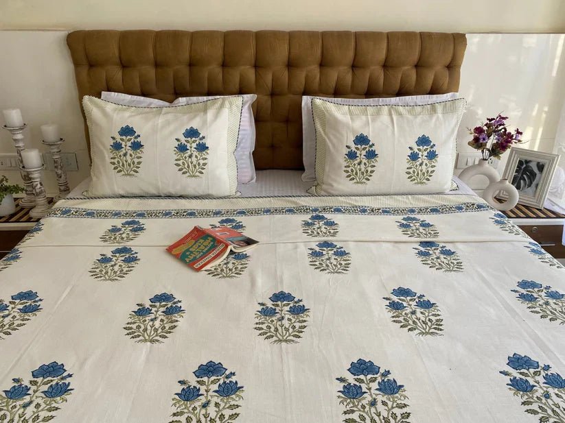 Blue Floral Jaipuri Hand Block Slub Bed Cover - Bedcover