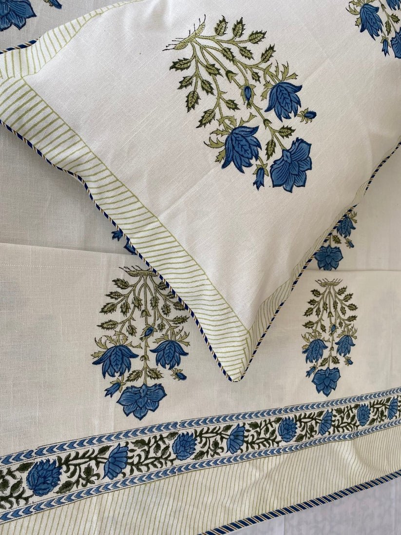 Blue Floral Jaipuri Hand Block Slub Bed Cover - Bedcover