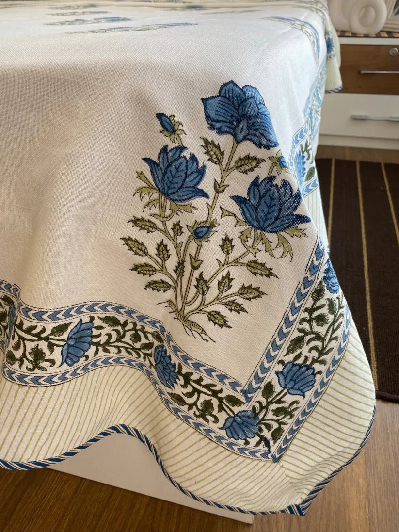 Blue Floral Jaipuri Hand Block Slub Bed Cover - Bedcover