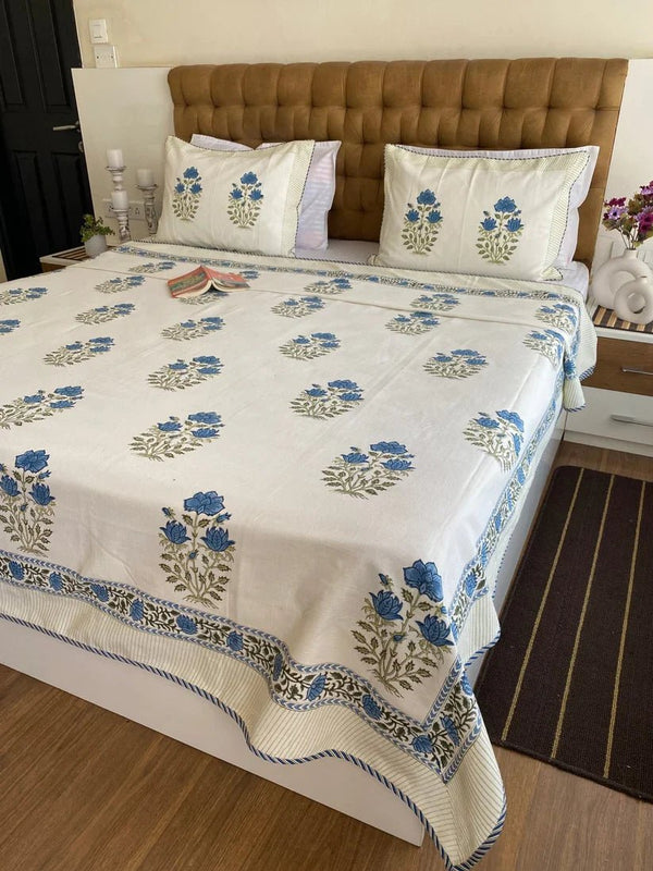 Blue Floral Jaipuri Hand Block Slub Bed Cover - Bedcover