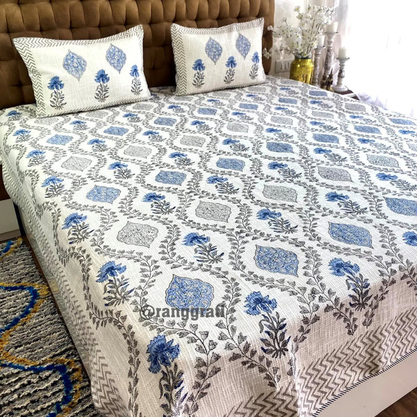 Blue Floral Jute Cotton Bedcover King Size - Bedcover