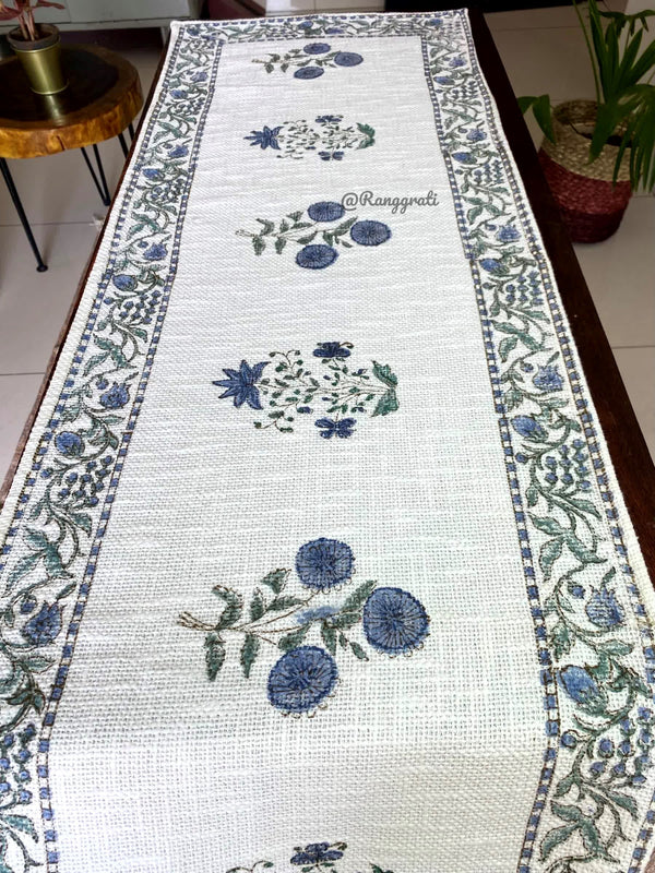 Blue Floral Jute Cotton Table Runner For 6 Seater Dining Table - Table Runner