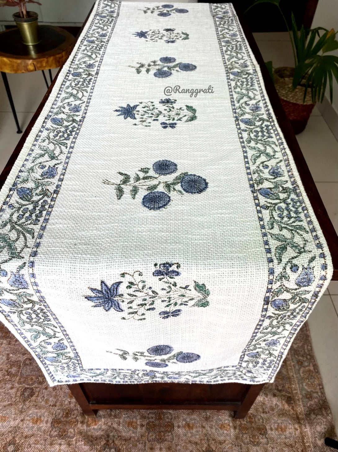 Blue Floral Jute Cotton Table Runner For 6 Seater Dining Table - Table Runner