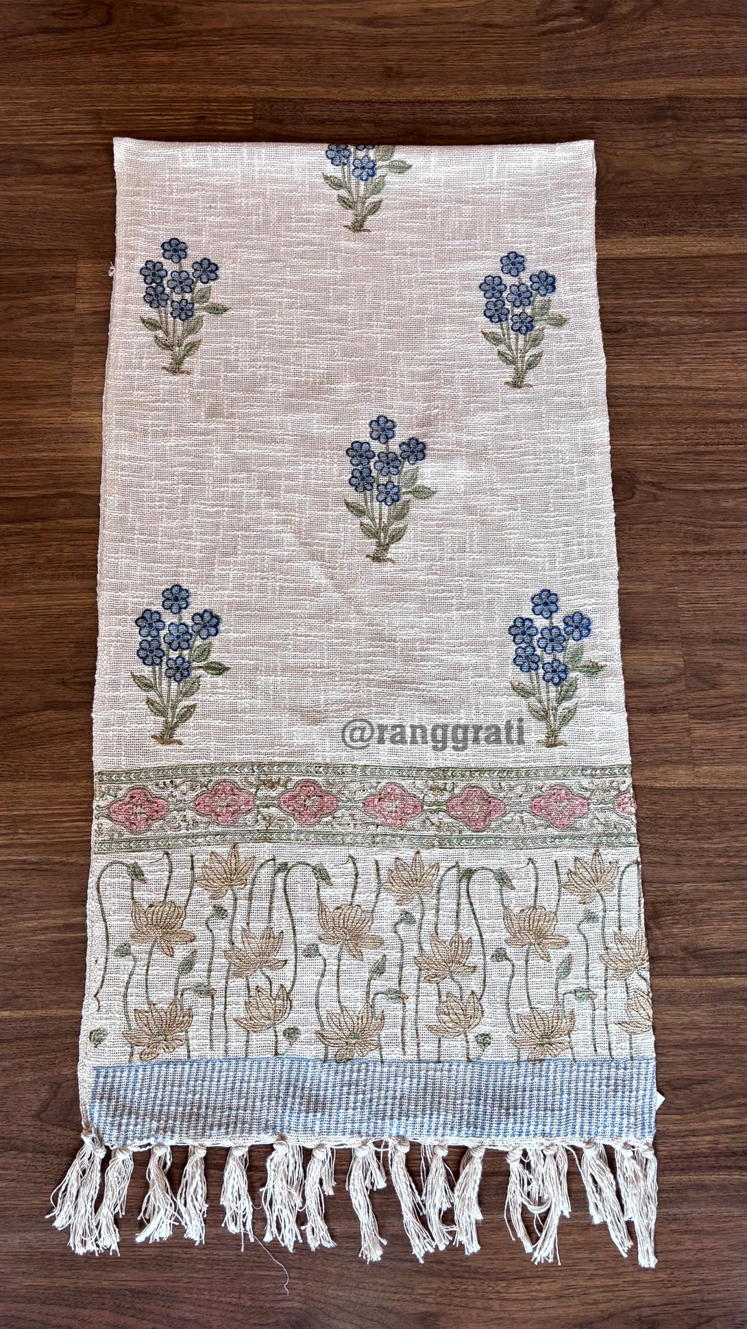 Blue Floral Jute Cotton Table Runner 