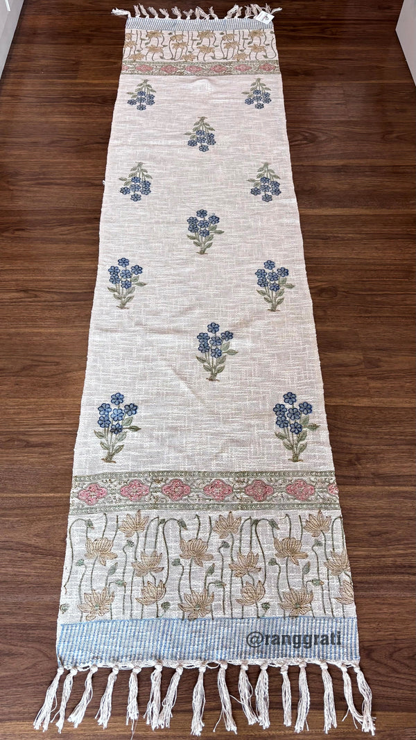 Blue Floral Jute Cotton Table Runner Hand Block Print For 6 Seater Dining Table