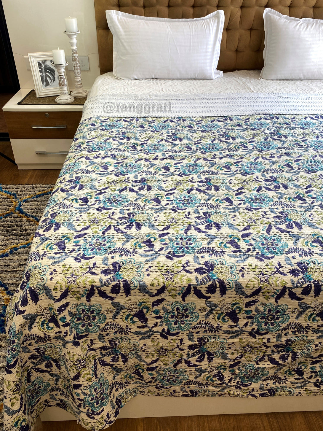 Blue Floral Kantha Bedcover For Double Bed King Size - Bedcover