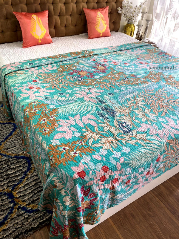 Blue Floral Kantha Bedcover For Double Bed King Size - Bedcover