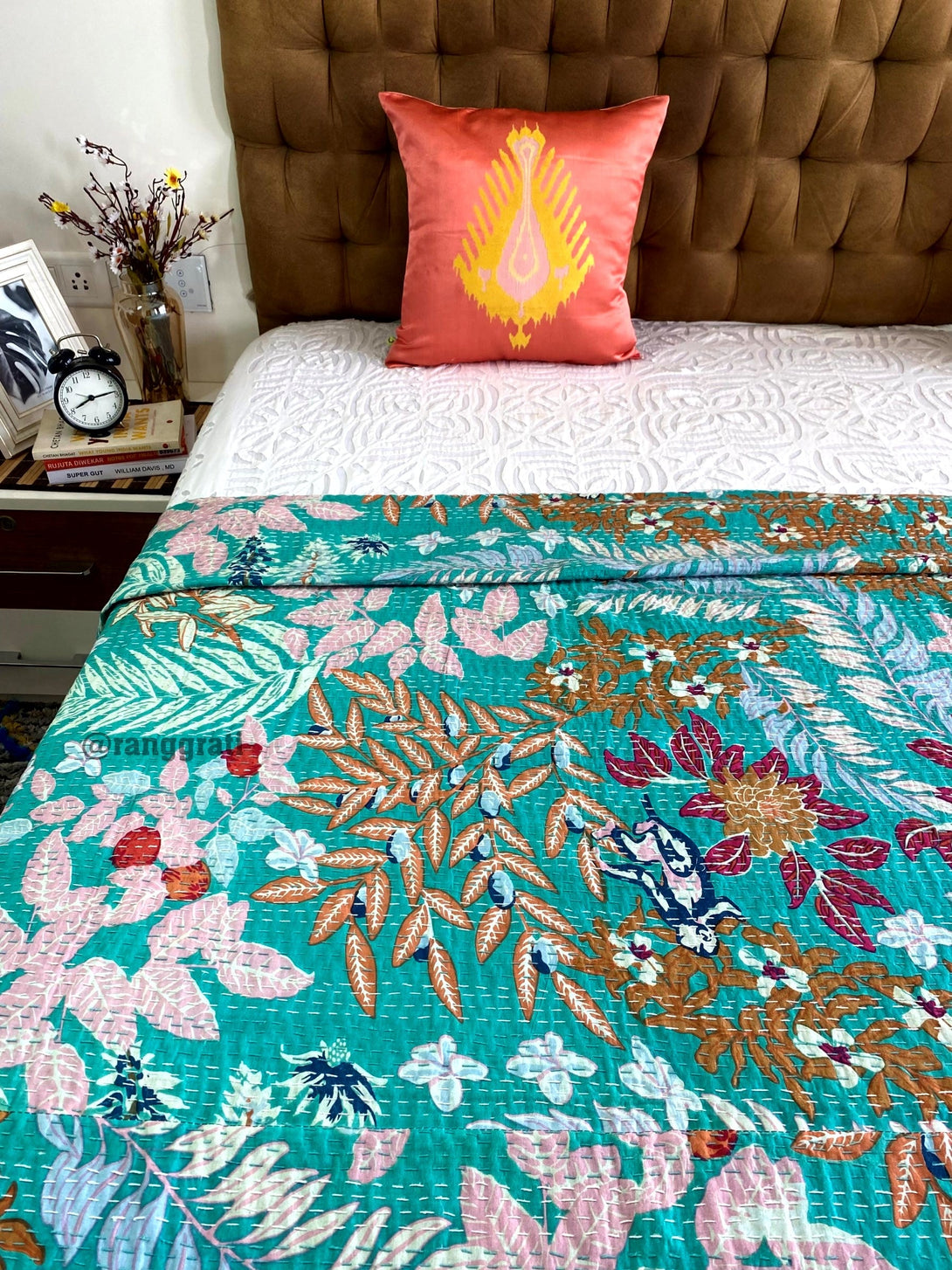 Blue Floral Kantha Bedcover For Double Bed King Size - Bedcover