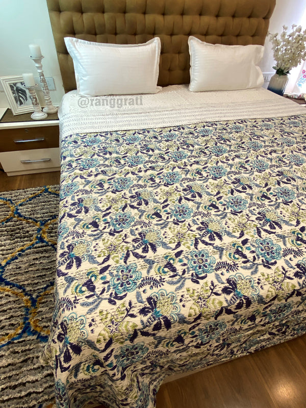 Blue Floral Kantha Bedcover For Double Bed King Size - Bedcover