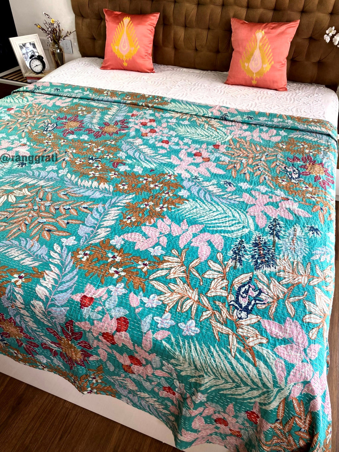 Blue Floral Kantha Bedcover For Double Bed King Size - Bedcover