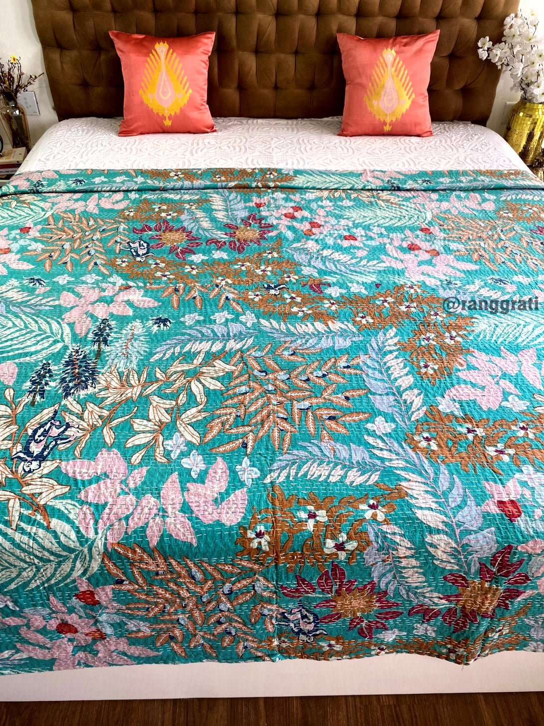 Blue Floral Kantha Bedcover For Double Bed King Size - Bedcover