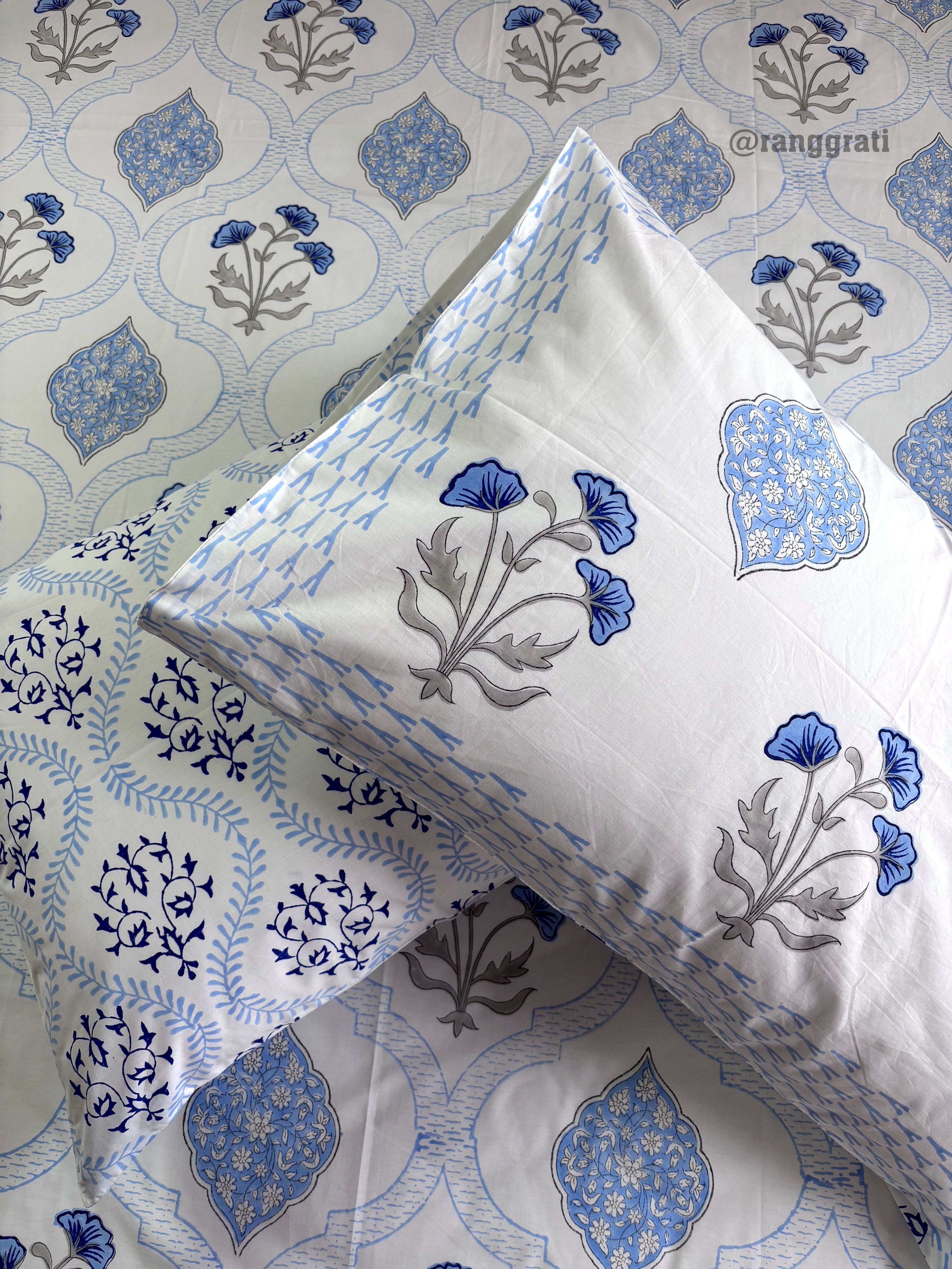 Blue Floral Hand Block Cotton King Size Bedsheet Pillow Covers