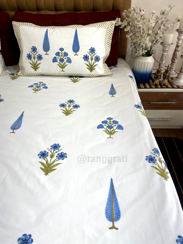 Blue Floral King Size 250 TC Bedsheet Hand Block - Bedsheet