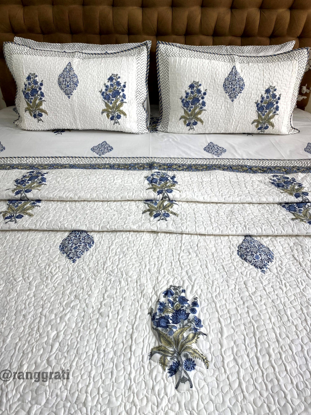 Blue Floral Bedsheet With Matching Quilted Bedcover Set