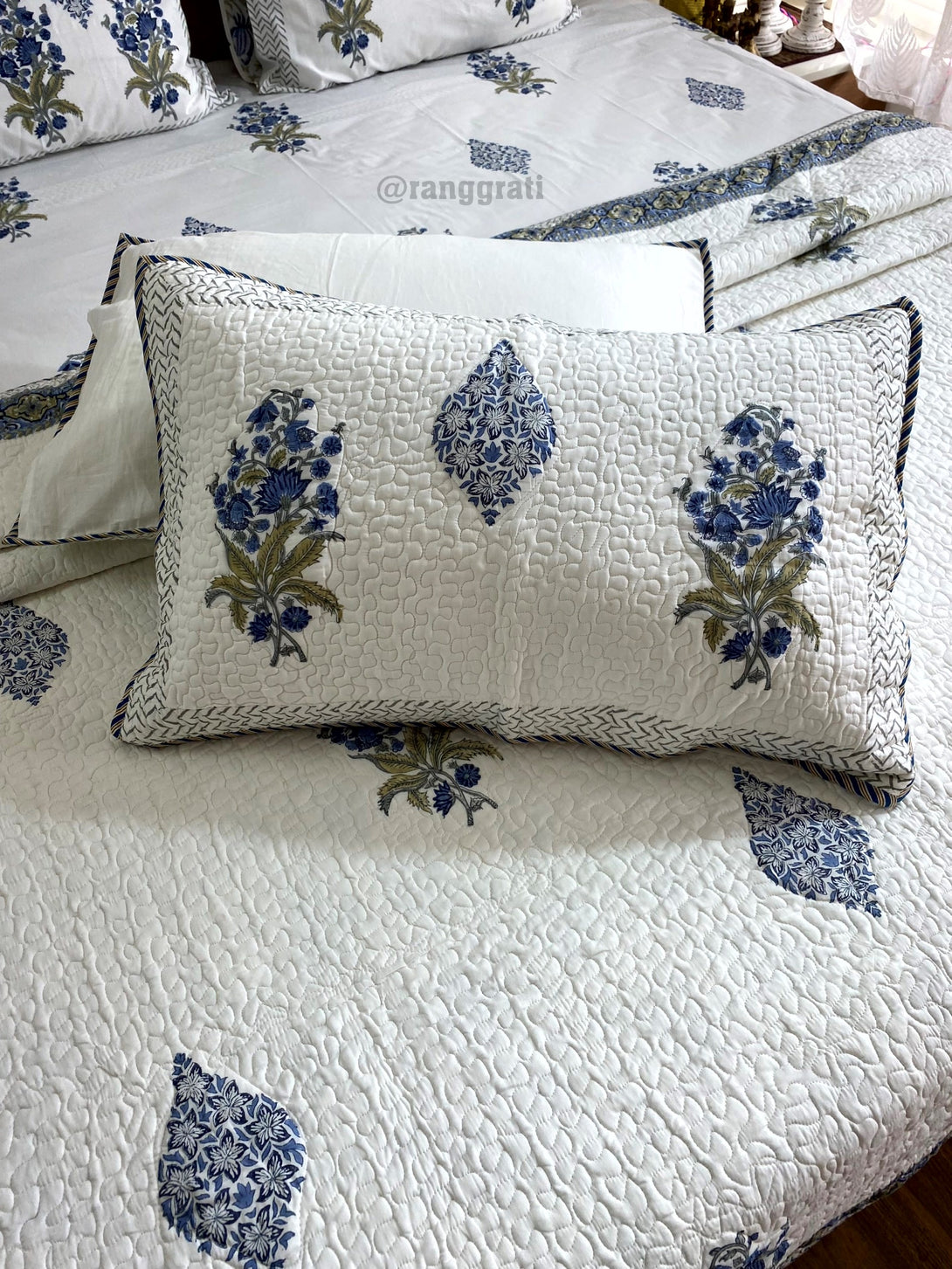 Blue Floral Hand-Printed Bedsheet and Matching Quilted Bedcover Set