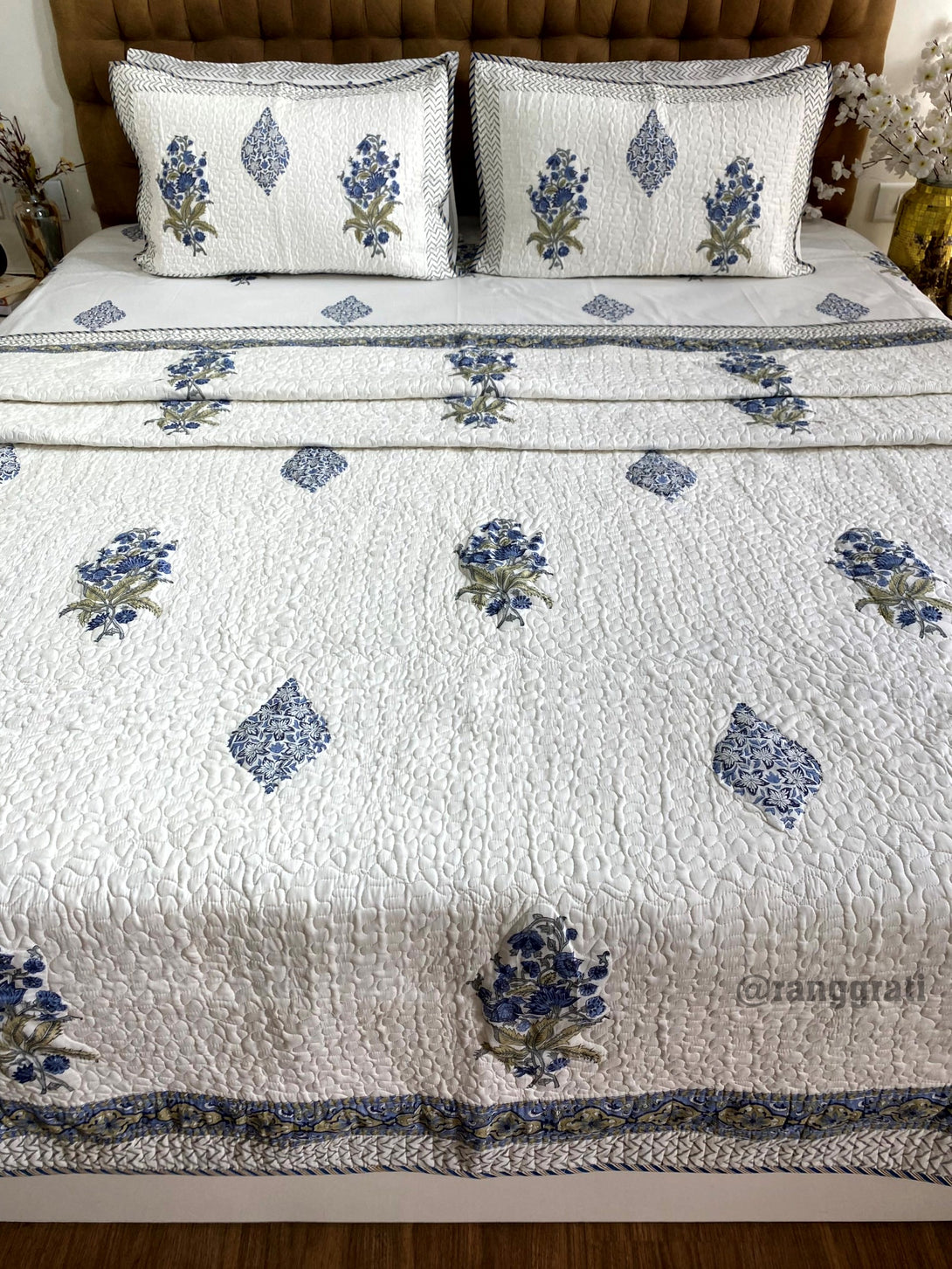 Blue Floral Bedding Set with Quilted Bedcover