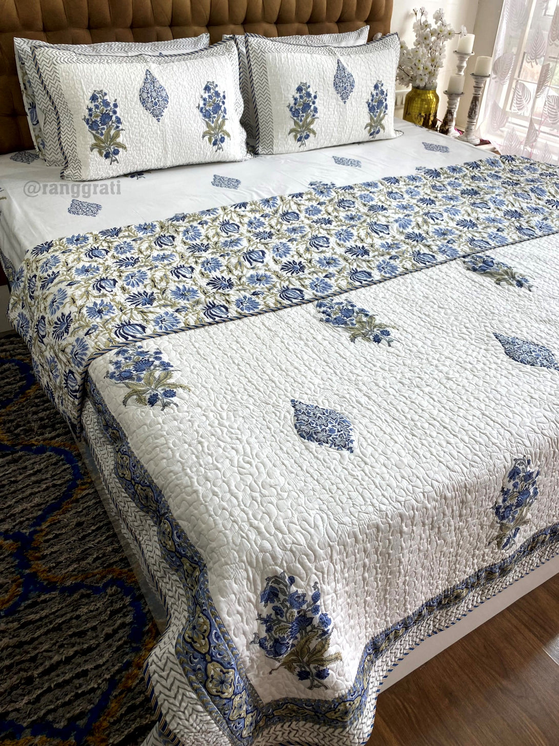 Elegant Blue Floral Bedding Set with Light Quilted Bedcover