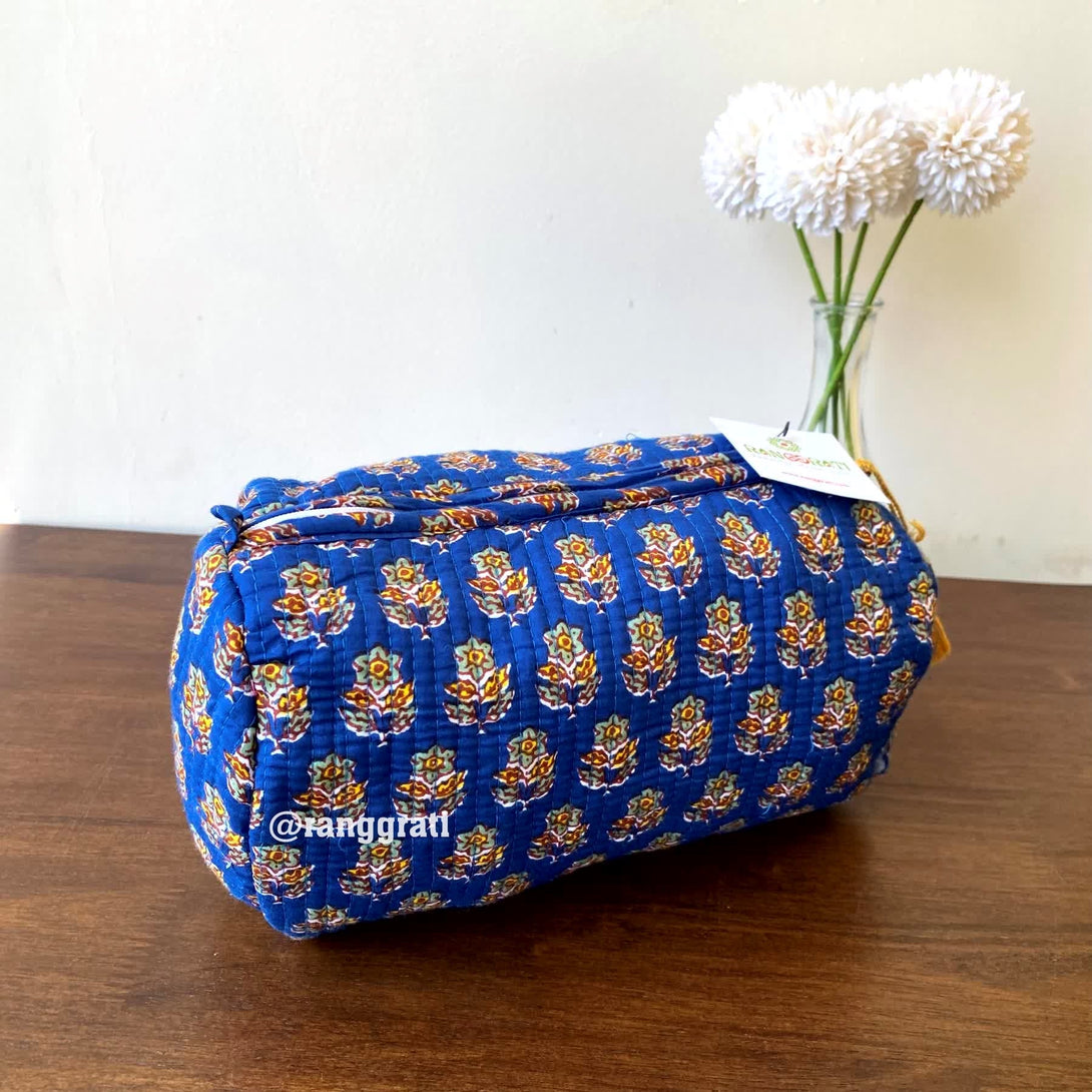 Blue Floral Quilted Travel Pouch Hand Block Set of 2 - Pouch