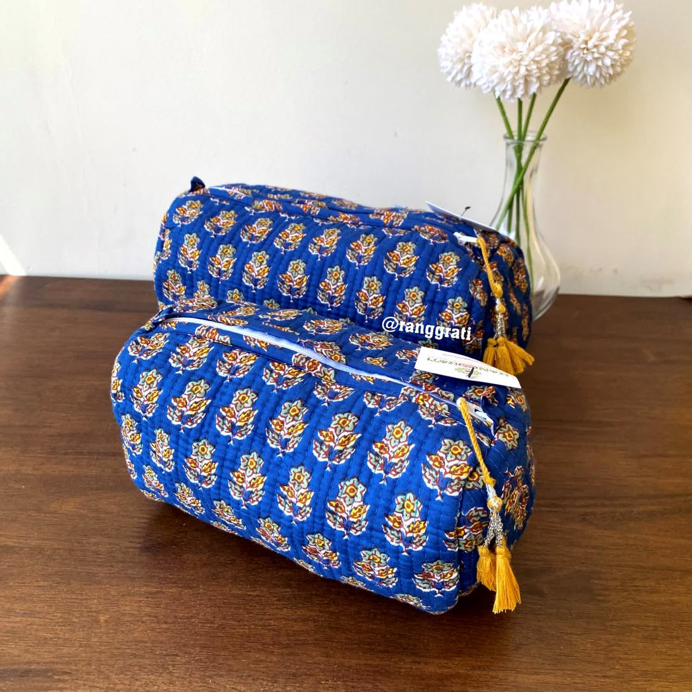 Blue Floral Quilted Travel Pouch Hand Block Set of 2 - Pouch