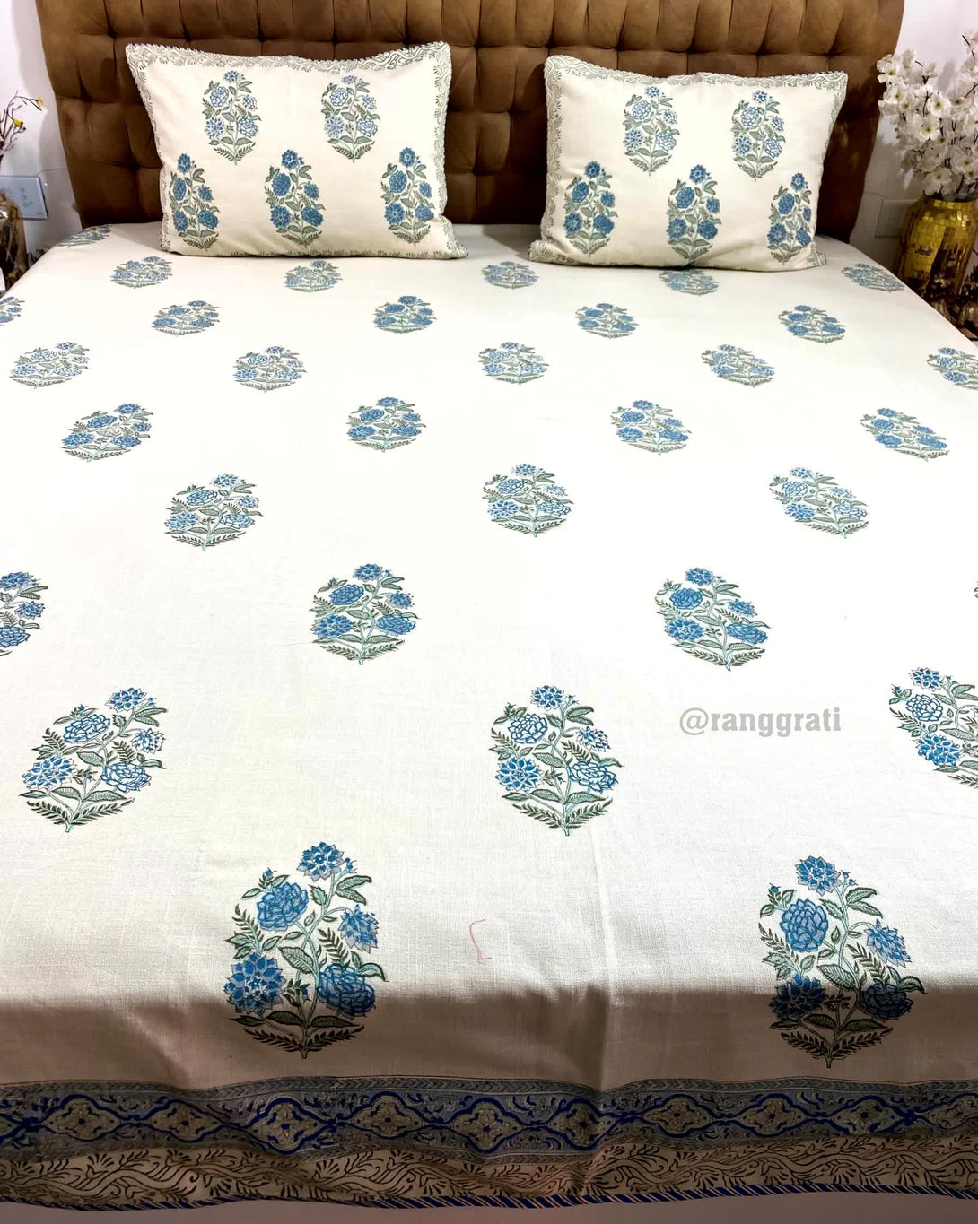 Blue Floral Slub Cotton Bedcover King Size - Bedcover