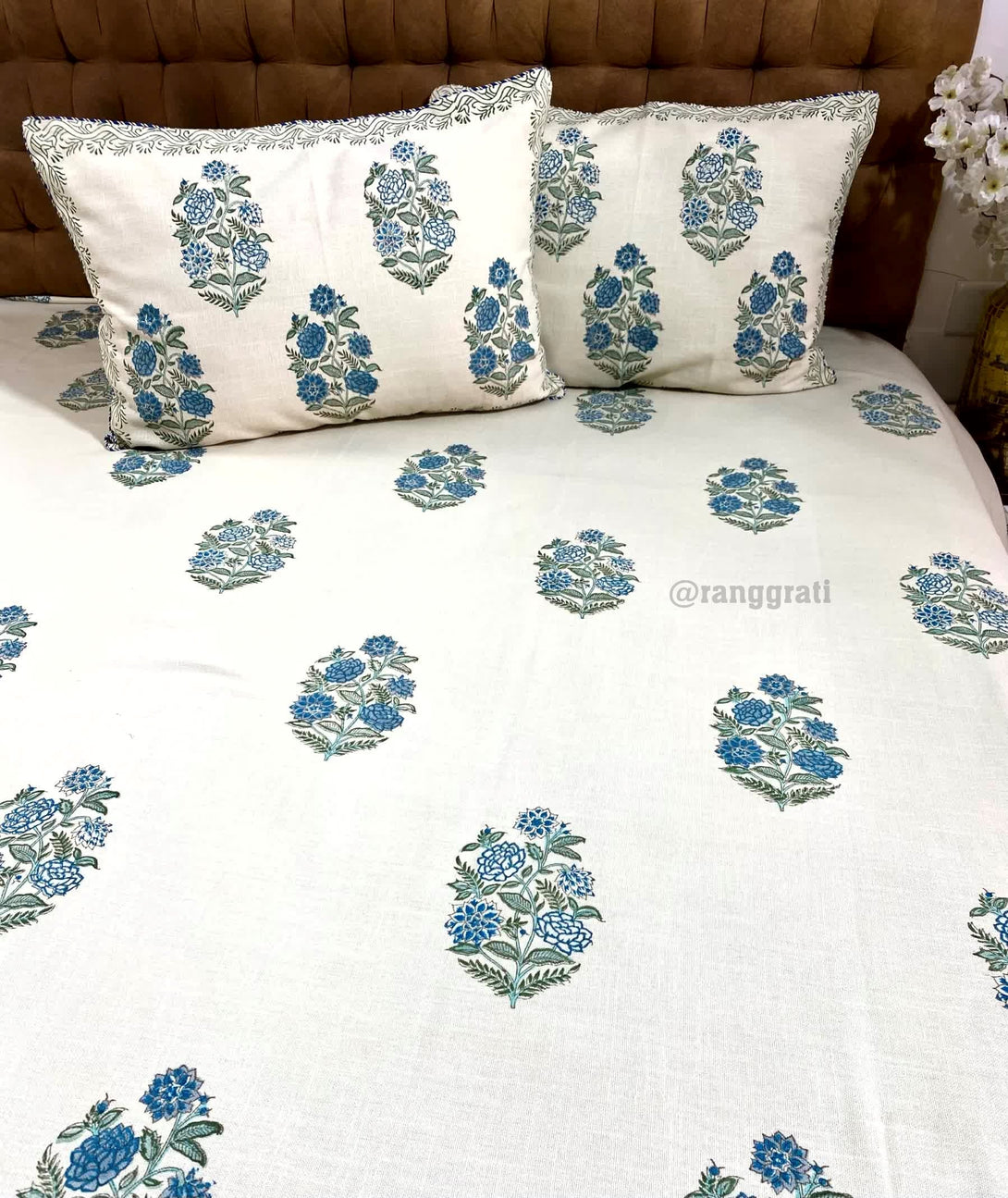 Blue Floral Slub Cotton Bedcover King Size - Bedcover