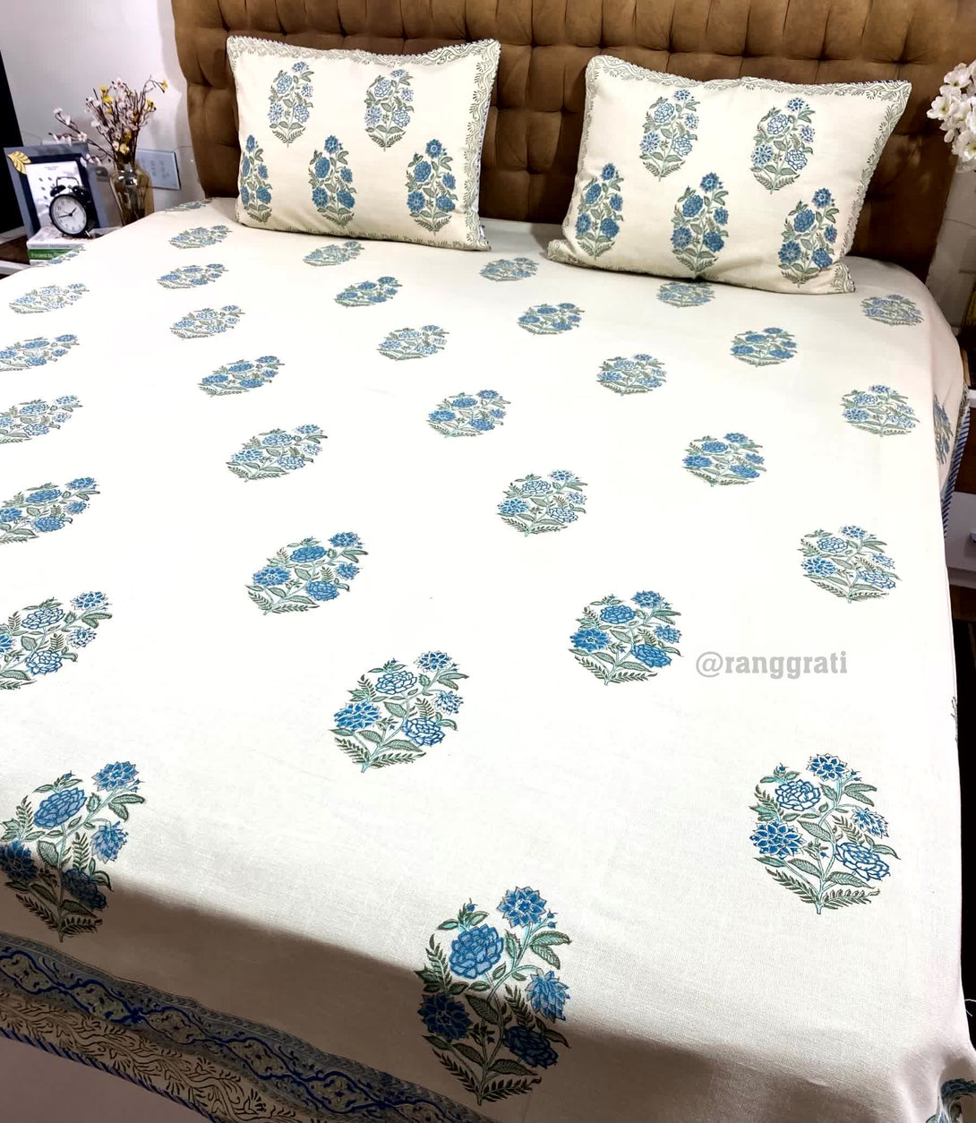 Blue Floral Slub Cotton Bedcover King Size - Bedcover