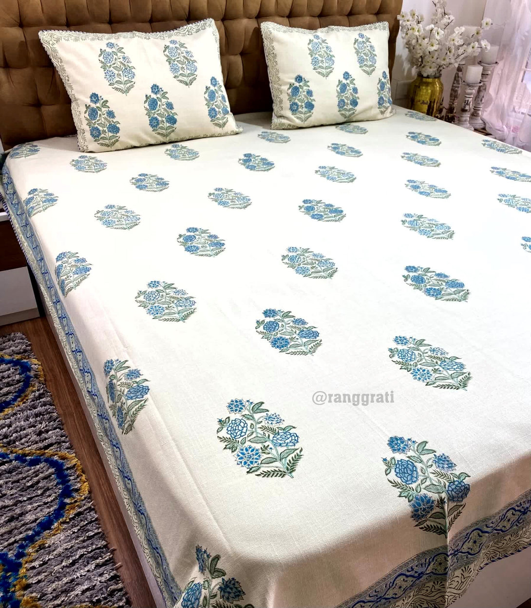 Blue Floral Slub Cotton Bedcover King Size - Bedcover