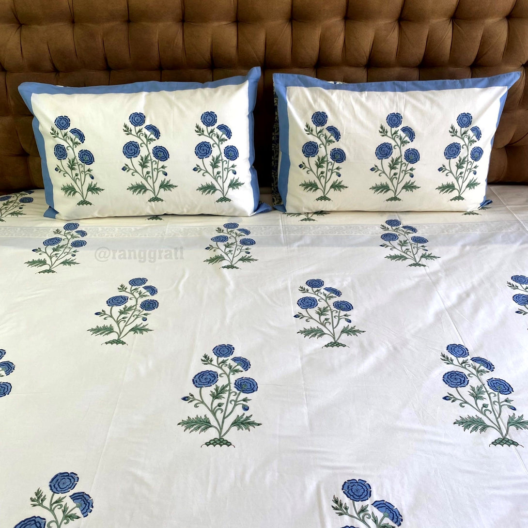 Blue Floral Super King Size 250 TC Bedsheet Cotton Hand Block - Bedsheet