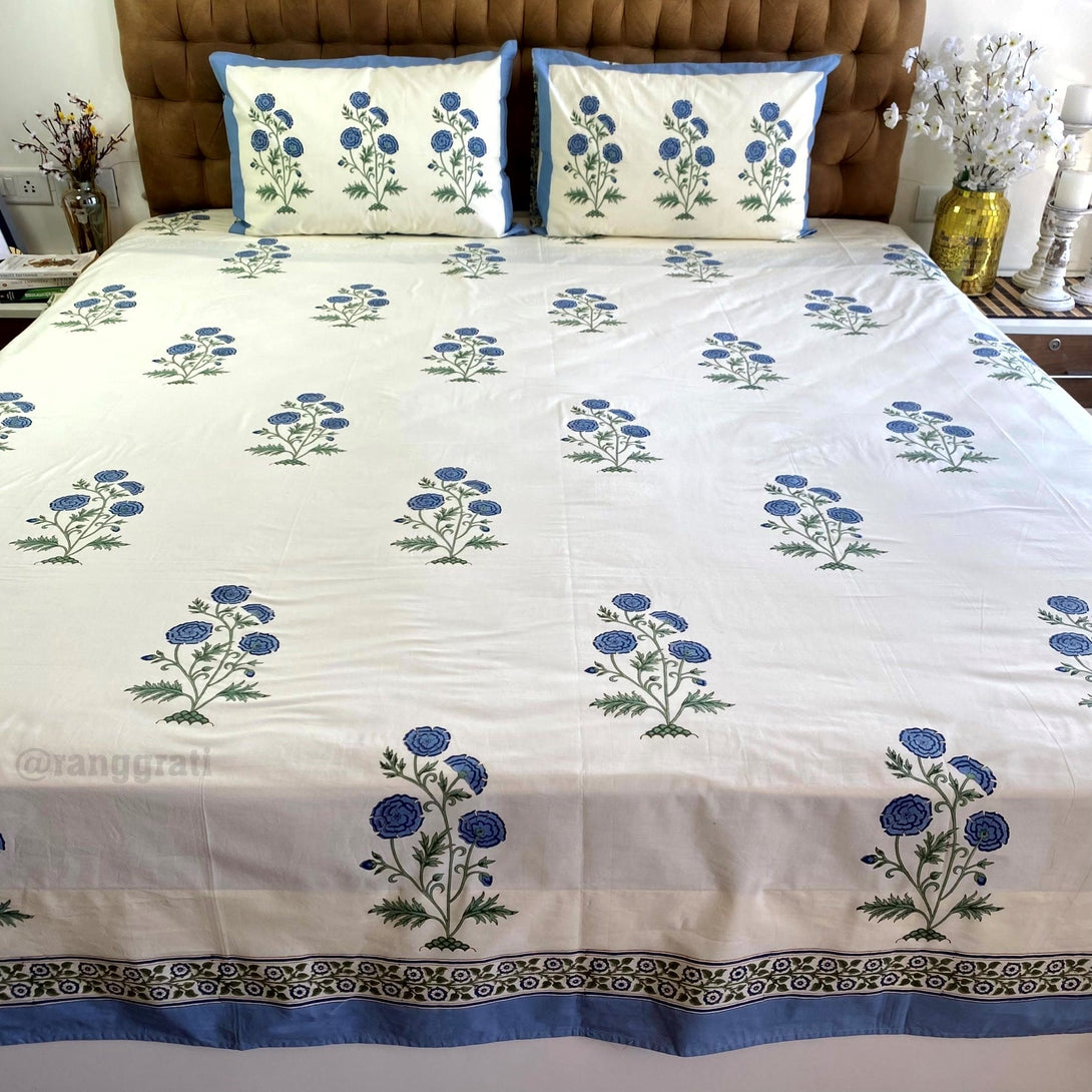 Blue Floral Super King Size 250 TC Bedsheet Cotton Hand Block - Bedsheet