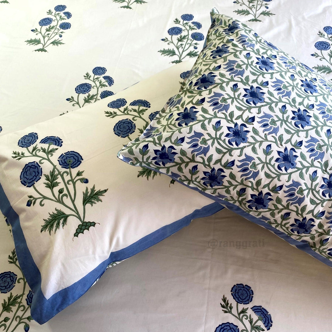 Blue Floral Super King Size 250 TC Bedsheet Cotton Hand Block - Bedsheet
