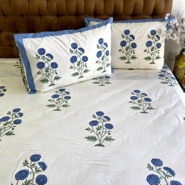 Blue Floral Super King Size 250 TC Bedsheet Cotton Hand Block - Bedsheet