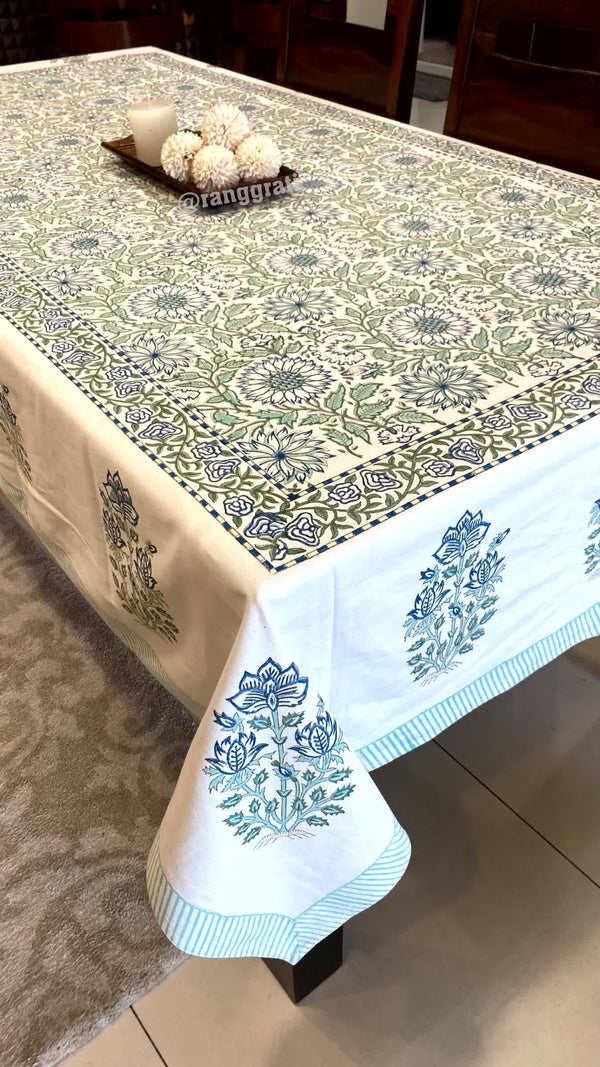 Blue Floral Table Cover Cloth 6 Seater Dining Table Rectangular - Table Cover