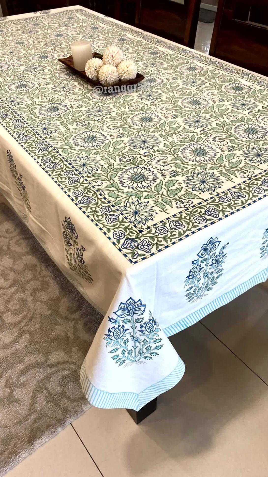 Blue Floral Table Cover Cloth 6 Seater Dining Table Rectangular - Table Cover
