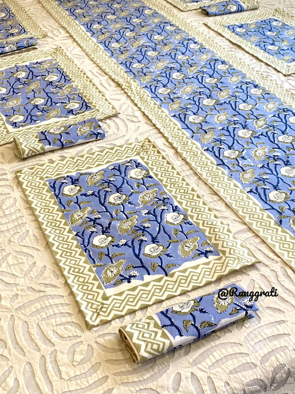 Blue Floral Table Runner With 6 Table Mats & 6 Napkins - Table Runner Set