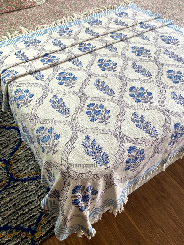 Blue Floral Hand Block Jute Cotton Sofa Throw